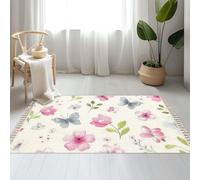 DERUINVAIO Large Cotton Boho Area Rugs Seamless floral watercolor flowers Washable Hessian Bohemian Throw Tassel Printed Woven Rug Carpet for Kids Bedroom Living Room Bathroom
