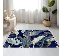 DERUINVAIO Large Cotton Boho Area Rugs Seamless white tropical leaves gold elements blue Washable Hessian Bohemian Throw Tassel Printed Woven Rug Carpet for Bedroom, Living Room, Bathroom