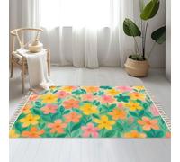 DERUINVAIO Large Cotton Boho Area Rugs Small flowers pink yellow teal white watercolor Washable Hessian Bohemian Throw Tassel Printed Woven Rug Carpet for Kids Bedroom Living Room Bathroom