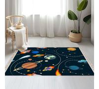DERUINVAIO Large Cotton Boho Area Rugs Space theme Solar system kids cartoon planet seamless Washable Hessian Bohemian Throw Tassel Printed Woven Rug Carpet for Bedroom, Living Room, Bathroom