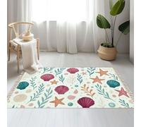 DERUINVAIO Large Cotton Boho Area Rugs Watercolor Seashell Starfish Washable Hessian Bohemian Throw Tassel Printed Woven Rug Carpet for Kids Bedroom Living Room Bathroom