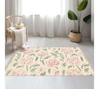 DERUINVAIO Large Cotton Boho Area Rugs Wildflower seamless green pink meadow flowers Washable Hessian Bohemian Throw Tassel Printed Woven Rug Carpet for Kids Bedroom Living Room Bathroom