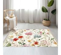 DERUINVAIO Large Cotton Boho Area Rugs Wildflower Watercolor Seamless Garden Flowers Floral Washable Hessian Bohemian Throw Tassel Printed Woven Rug Carpet for Kids Bedroom Living Room Bathroom
