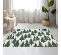 DERUINVAIO Large Cotton Boho Area Rugs Woodland CottageCore Green Pine Tree Washable Hessian Bohemian Throw Tassel Printed Woven Rug Carpet for Kids Bedroom Living Room Bathroom