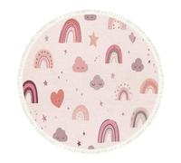 DERUINVAIO Large Round Rugs for Living Room Boho Rainbow Polka Pink Rainbows Hearts Stars Clouds Arcs Watercolor Non-Slip Boho Area Rug Machine Washable Floor Carpets Circle Carpet for Bedroom