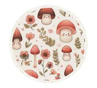 DERUINVAIO Large Round Rugs for Living Room Cute Happy Mushrooms Flowers Seamless Pink Non-Slip Boho Area Rug Machine Washable Floor Carpets Circle Carpet for Bedroom