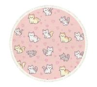 DERUINVAIO Large Round Rugs for Living Room Cute Kawaii Cat Hearts Seamless Pink Non-Slip Boho Area Rug Machine Washable Floor Carpets Circle Carpet for Bedroom