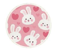 DERUINVAIO Large Round Rugs for Living Room Cute White Fluffy Bunnies Pink Hearts Seamless Non-Slip Boho Area Rug Machine Washable Floor Carpets Circle Carpet for Bedroom