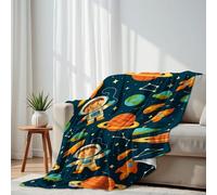 DERUINVAIO Lightweight Fleece Throw Blanket 130x150cm Childish seamless space astronaut Earth saturn UFO Fluffy Couch Bed Sofas Washable All Season Blankets and Throws for Boys Girls Dog Cat