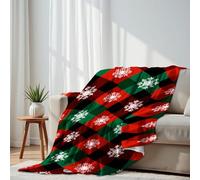 DERUINVAIO Lightweight Fleece Throw Blanket 130x150cm Red Green Plaid White Snowflakes Christmas Fluffy Couch Bed Sofas Washable All Season Blankets and Throws Gifts for Boys Girls Dog Cat