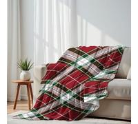 DERUINVAIO Lightweight Fleece Throw Blanket 130x150cm Red Green White Tartan Plaid Diagonal Fluffy Couch Bed Sofas Washable All Season Blankets and Throws Gifts for Boys Girls Dog Cat