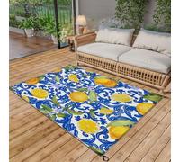 DERUINVAIO Outdoor Rug Mediterranean seamless Blue majolica tiles yellow lemons endless Waterproof Garden Patio Carpet Plastic Straw Rug Floor Mat for Patio Clearance Balcony Picnic Beach 4 x 6 ft