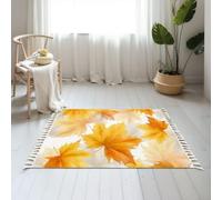 DERUINVAIO Small Cotton Boho Area Rugs Autumn Leaves Soft Yellow Orange Hues White Washable Hessian Bohemian Throw Tassel Printed Woven Rug Carpet for Kids Bedroom Living Room Bathroom
