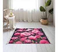 DERUINVAIO Small Cotton Boho Area Rugs Beautiful Pink Poppy Field Bloom Soft Gradient Washable Hessian Bohemian Throw Tassel Printed Woven Rug Carpet for Kids Bedroom Living Room Bathroom