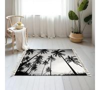 DERUINVAIO Small Cotton Boho Area Rugs Black white photo palm trees Washable Hessian Bohemian Throw Tassel Printed Woven Rug Carpet for Bedroom, Living Room, Bathroom