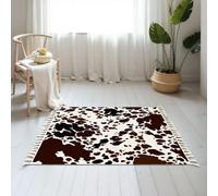 DERUINVAIO Small Cotton Boho Area Rugs Cow skin seamless Print animal hide brown spots Washable Hessian Bohemian Throw Tassel Printed Woven Rug Carpet for Bedroom, Living Room, Bathroom