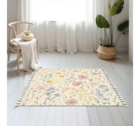 DERUINVAIO Small Cotton Boho Area Rugs Delicate Floral Soft Pink Yellow Blue Blooms Washable Hessian Bohemian Throw Tassel Printed Woven Rug Carpet for Bedroom, Living Room, Bathroom
