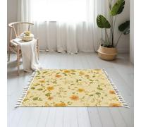 DERUINVAIO Small Cotton Boho Area Rugs Delicate Yellow Floral Green Leaves Soft Beige Washable Hessian Bohemian Throw Tassel Printed Woven Rug Carpet for Bedroom, Living Room, Bathroom