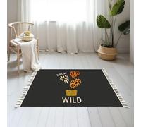 DERUINVAIO Small Cotton Boho Area Rugs grow wild slogan wild animal skin glitter plant pot black Washable Hessian Bohemian Throw Tassel Printed Woven Rug Carpet for Bedroom, Living Room, Bathroom