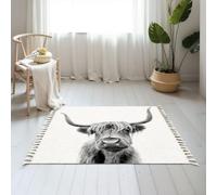 DERUINVAIO Small Cotton Boho Area Rugs Highland cow Scotland Washable Hessian Bohemian Throw Tassel Printed Woven Rug Carpet for Bedroom, Living Room, Bathroom