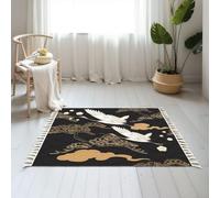 DERUINVAIO Small Cotton Boho Area Rugs Japanese seamless crane birds elements Asian Washable Hessian Bohemian Throw Tassel Printed Woven Rug Carpet for Bedroom, Living Room, Bathroom