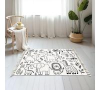 DERUINVAIO Small Cotton Boho Area Rugs Outline wild animals for coloring Jungle animals line art Washable Hessian Bohemian Throw Tassel Printed Woven Rug Carpet for Kids Bedroom Living Room Bathroom