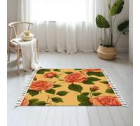 DERUINVAIO Small Cotton Boho Area Rugs Peach Rose Yellow Green Leaves Washable Hessian Bohemian Throw Tassel Printed Woven Rug Carpet for Bedroom, Living Room, Bathroom