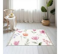 DERUINVAIO Small Cotton Boho Area Rugs Pink Yellow Wild Watercolor Flower Seamless Washable Hessian Bohemian Throw Tassel Printed Woven Rug Carpet for Kids Bedroom Living Room Bathroom