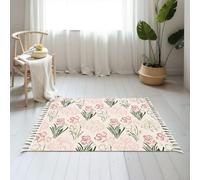 DERUINVAIO Small Cotton Boho Area Rugs Pretty wildflower seamless Pink green meadow flower Washable Hessian Bohemian Throw Tassel Printed Woven Rug Carpet for Kids Bedroom Living Room Bathroom