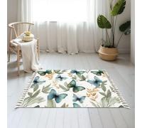 DERUINVAIO Small Cotton Boho Area Rugs Seamless flying butterflies blue yellow brown Washable Hessian Bohemian Throw Tassel Printed Woven Rug Carpet for Kids Bedroom Living Room Bathroom