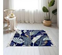 DERUINVAIO Small Cotton Boho Area Rugs Seamless white tropical leaves gold elements blue Washable Hessian Bohemian Throw Tassel Printed Woven Rug Carpet for Bedroom, Living Room, Bathroom