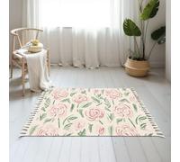 DERUINVAIO Small Cotton Boho Area Rugs Wildflower seamless green pink meadow flowers Washable Hessian Bohemian Throw Tassel Printed Woven Rug Carpet for Kids Bedroom Living Room Bathroom