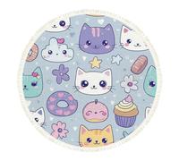 DERUINVAIO Small Round Rugs for Living Room Cute Kawaii Cat Faces Desserts Seamless Light Non-Slip Boho Area Rug Machine Washable Floor Carpets Circle Carpet for Bedroom