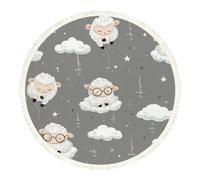 DERUINVAIO Small Round Rugs for Living Room Cute Sleeping Sheep Clouds Gray Night Sky Non-Slip Boho Area Rug Machine Washable Floor Carpets Circle Carpet for Bedroom