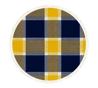 DERUINVAIO Small Round Rugs for Living Room Navy Yellow Plaid Textured Details Non-Slip Boho Area Rug Machine Washable Floor Carpets Circle Carpet for Bedroom