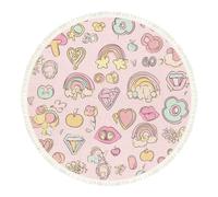 DERUINVAIO Small Round Rugs for Living Room Whimsical Cute Pastel Doodle Rainbows Hearts Non-Slip Boho Area Rug Machine Washable Floor Carpets Circle Carpet for Bedroom
