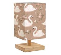 DERUINVAIO Square Bedside Table Lamp Cute Graceful White Swans Blush Pink Floral Brown Small Table Lamp for Bedroom Wooden Base Fabric Shade Dimmable Nightstand Desk Lamps Living Room Men Women Gifts