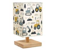 DERUINVAIO Square Bedside Table Lamp Hand Drawn Cute Cars Truck Tractor Cargo Crane Bulldozer Small Table Lamp for Bedroom Wooden Base Fabric Shade Dimmable Nightstand Desk Lamps Living Room
