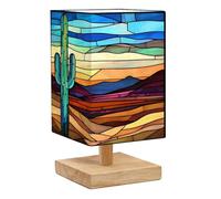 DERUINVAIO Square Bedside Table Lamp Multi Dimensional Stained Glass Western Desert Scene Cactus Small Table Lamp for Bedroom Wooden Base Fabric Shade Dimmable Nightstand Desk Lamps Living Room