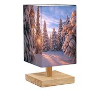 DERUINVAIO Square Bedside Table Lamp Trees Covered Hoarfrost Snow Winter Mountains Small Table Lamp for Bedroom Wooden Base Fabric Shade Dimmable Nightstand Desk Lamps Living Room Men Women Gifts