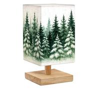 DERUINVAIO Square Bedside Table Lamp Watercolor Evergreen Forest Pine Trees Seamless Small Table Lamp for Bedroom Wooden Base Fabric Shade Dimmable Nightstand Desk Lamps Living Room Men Women Gifts