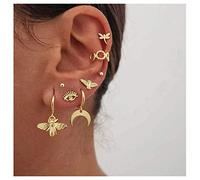 Dervivea Bohemia Bee Hoops Earrings Multiple Piercing Earrings Crescent Dangle Earrings Hollow Circle Ear Wrap Earrings Vintage Gold Earrings Set Jewelry for Women and Girls
