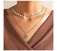 Dervivea Bohemia Layered Coin Disc Choker Necklace Queen Crown Pendant Necklace Silver Coin Dangle Necklace Vintage Queen Crown Necklace Chain Jewelry for Women and Girls