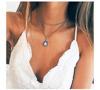 Dervivea Bohemia Layered Teardrop Gemstone Necklace Silver Moonstone Choker Necklace Vintage Opal Gem Pendant Necklace Water Drop Crystal Necklace Jewelry for Women and Girls