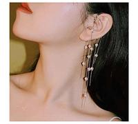 Dervivea Bohemia Pearl Ear Clip Earrings Non Piercing Long Tassel Earrings Pearl Wrap Ear Cuff Earrings Vintage Gold Dangle Single Ear Clip Earrings Cartilage Pearl Earrings for Women and Girls