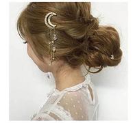 Dervivea Bohemia Rhinestone Tassel Hair Clip Barrette Crescent Moon Side Clip Hair Barrette Gold Half Moon Hairpin Clips Star Drop Headclip Decorative Hair Accessories for Women and Girls Headdress