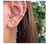 Dervivea Bohemia Shining Stars Tassel Earrings Multiple Piercings Gold Circle Hoop Earrings Crystal Star Dangle Earrings CZ Open Circle Stud Earring Set Jewelry for Women and Girls
