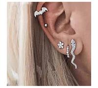 Dervivea Boho Crystal Dangle Earrings Multiple Piercings Silver Snake Stud Earrings CZ Circle Hoop Earrings Bat Flower Small Tragus Earrings Set Jewelry for Women and Girls
