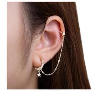 Dervivea Boho Cz Moon Star Chain Cuff Earrings Crystal Crescent Stud Earrings Star Dangle Ear Clip Earrings Gold Northstar Ear Cuff Chain Earring Jewelry for Women and Girls