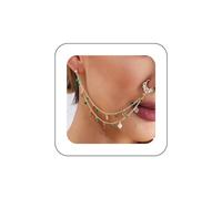 Dervivea Boho Emerald Nose To Ear Chain Gold Emerald Nose Ring Green Crystal Nose Ring Emerald Clip On Nose Ring Layered Heart Nose Ring Non Pierced Nose Ring Indian Jewelry for Women(Emerald)